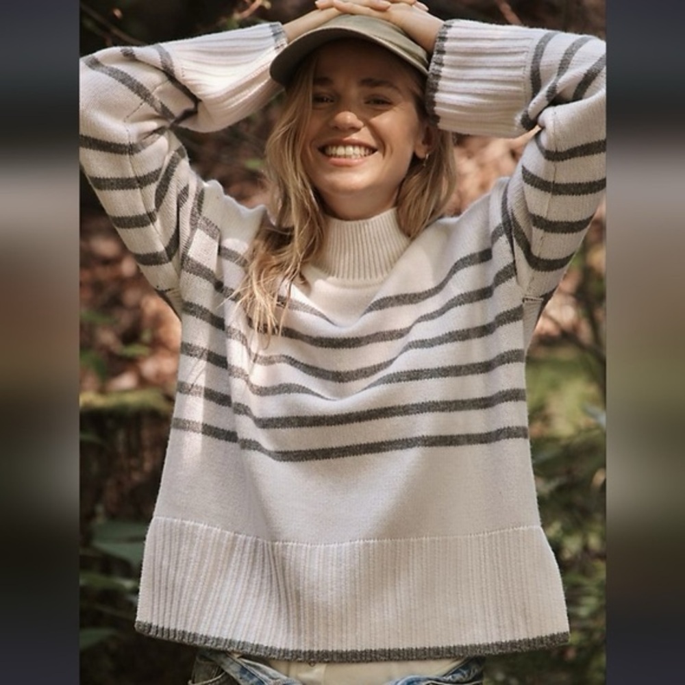 Stateside Wool Cashmere Relaxed Striped Mock Neck Sweater Cozy Neutral Classic M